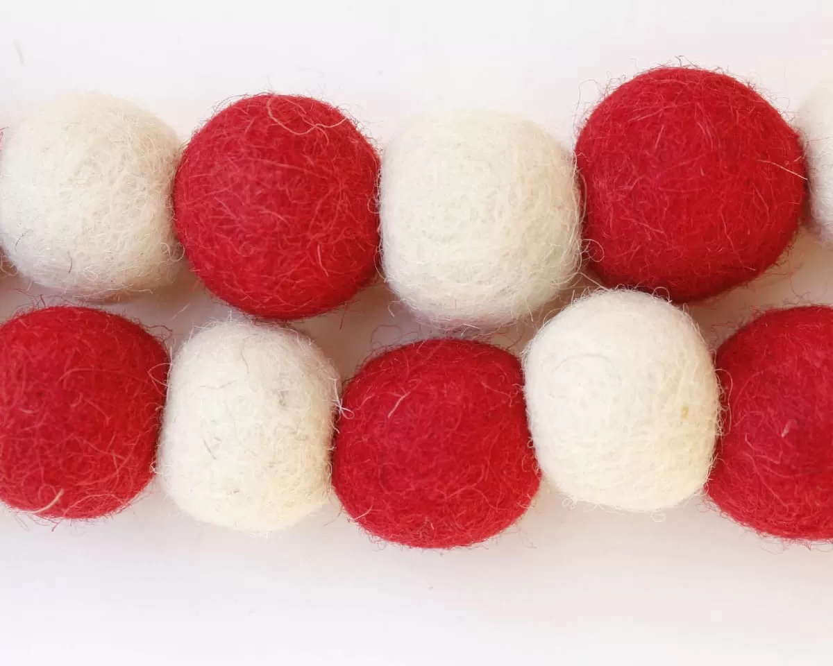 De Kulture Handmade Premium Wool Felt POM POM Garland Eco Friendly Christmas Tree Ornament Home Office Wedding Party Holiday Decoration Banner 48 Inches RED & OFF WHITE SET OF 2